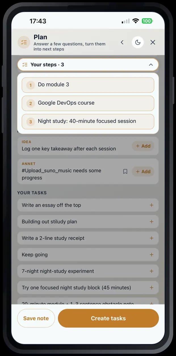 Plan with three selected next steps ready to become tasks