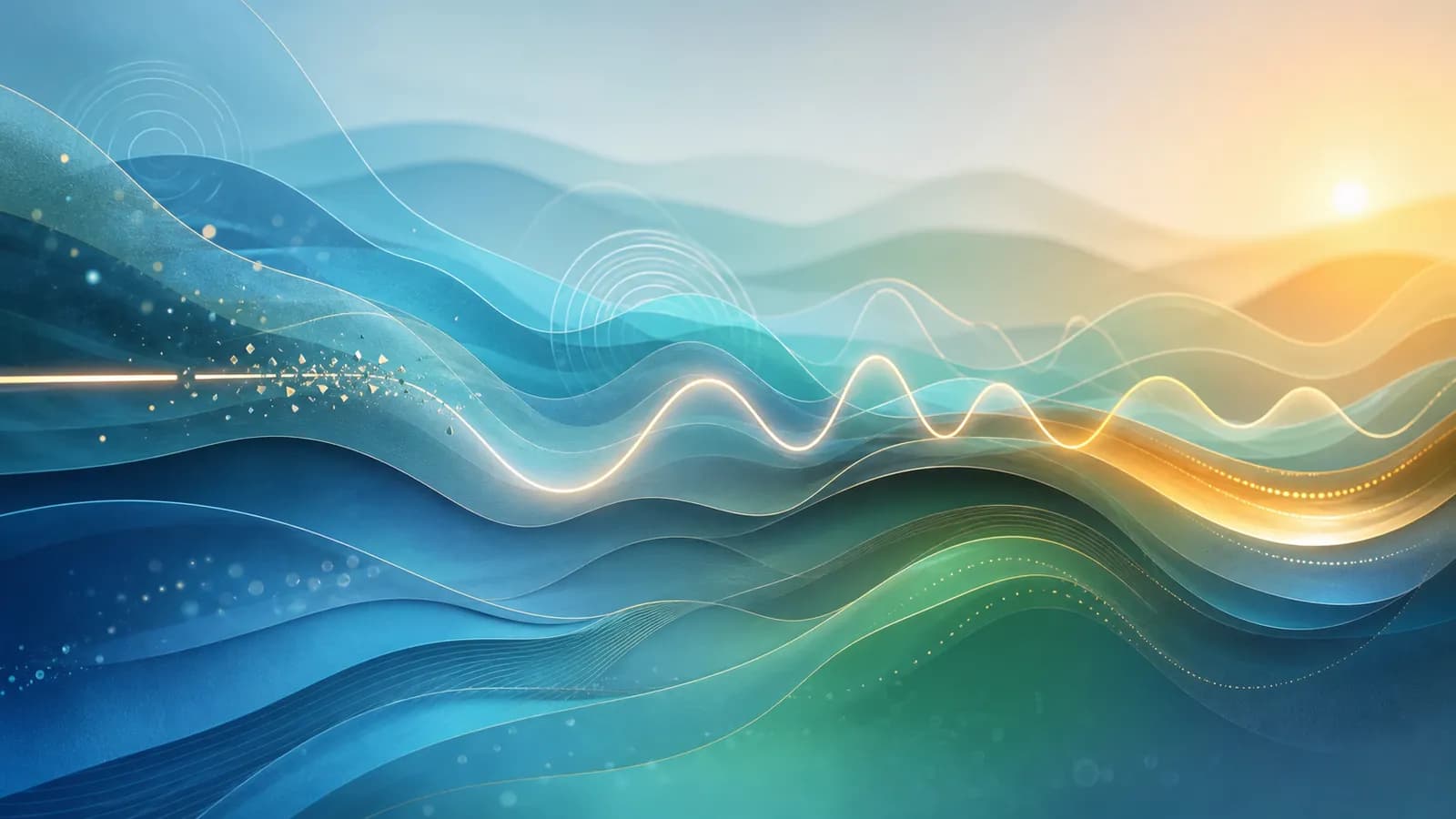 Layered luminous waves moving across a calm abstract landscape