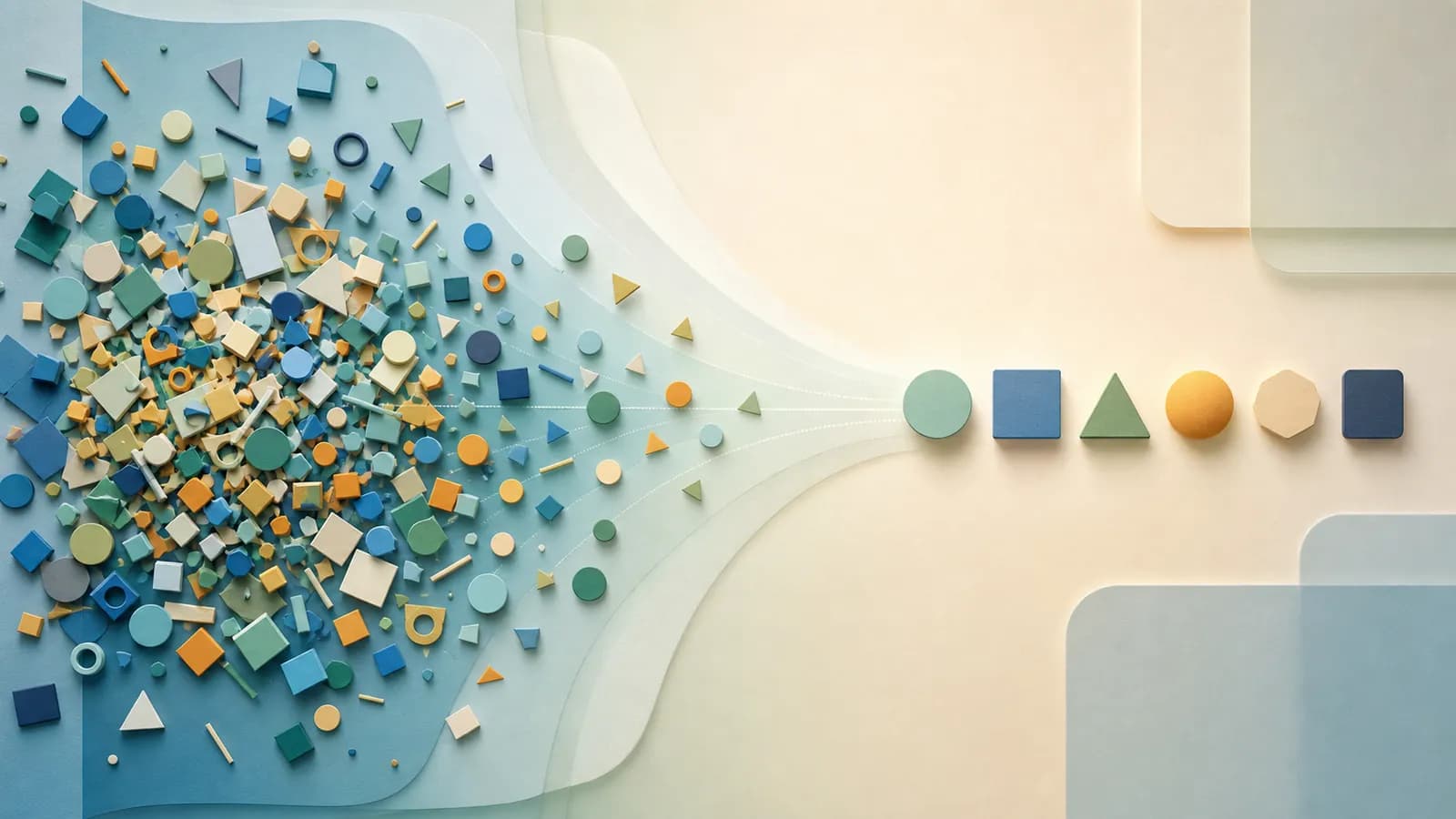Scattered abstract pieces simplifying into a few clear grouped forms