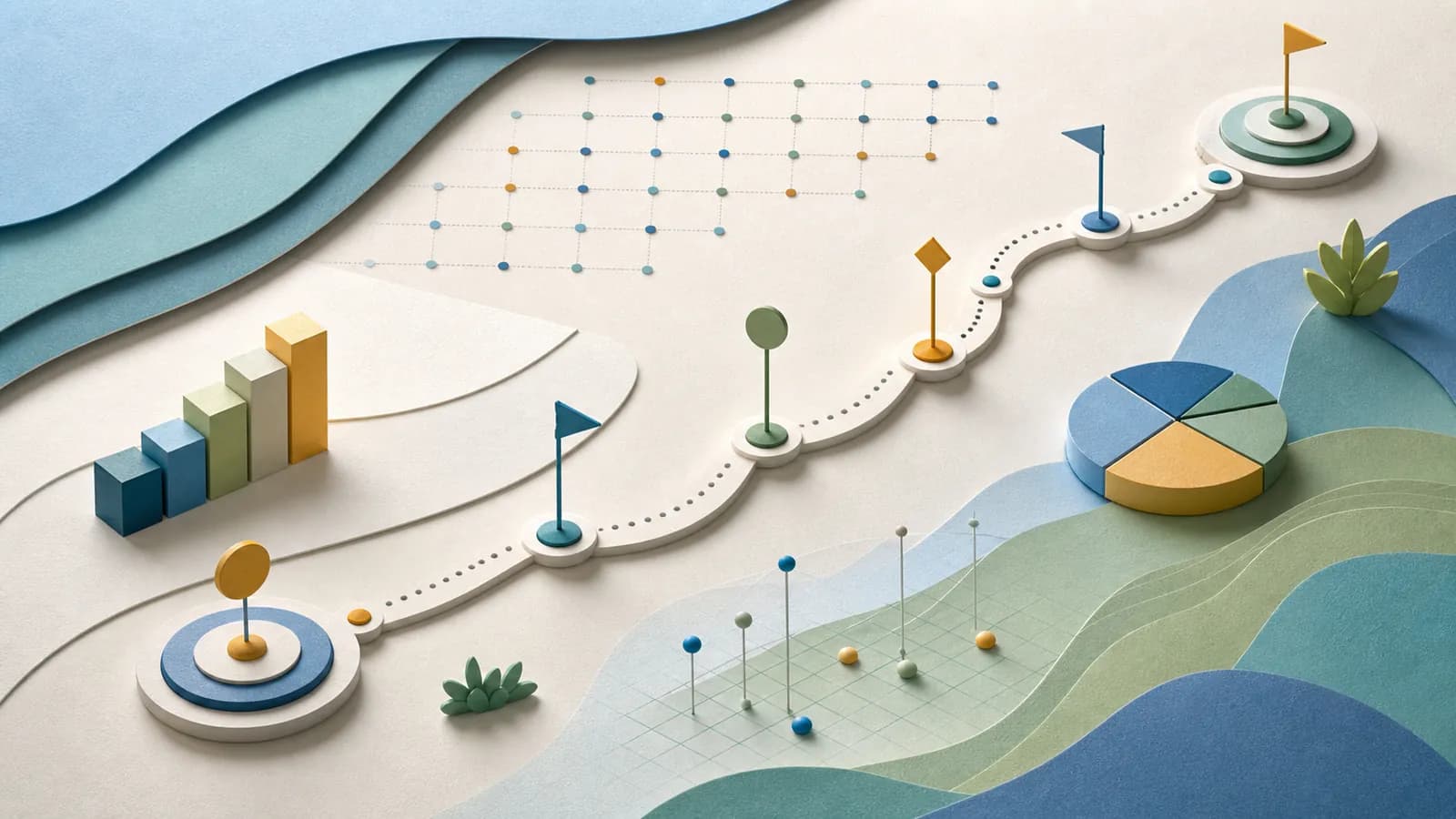 An abstract route of measured markers crossing a layered landscape