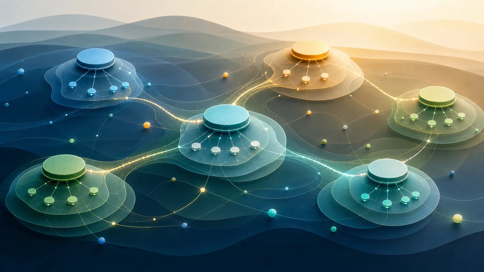 Connected goal nodes exchanging quiet signals across layered waves