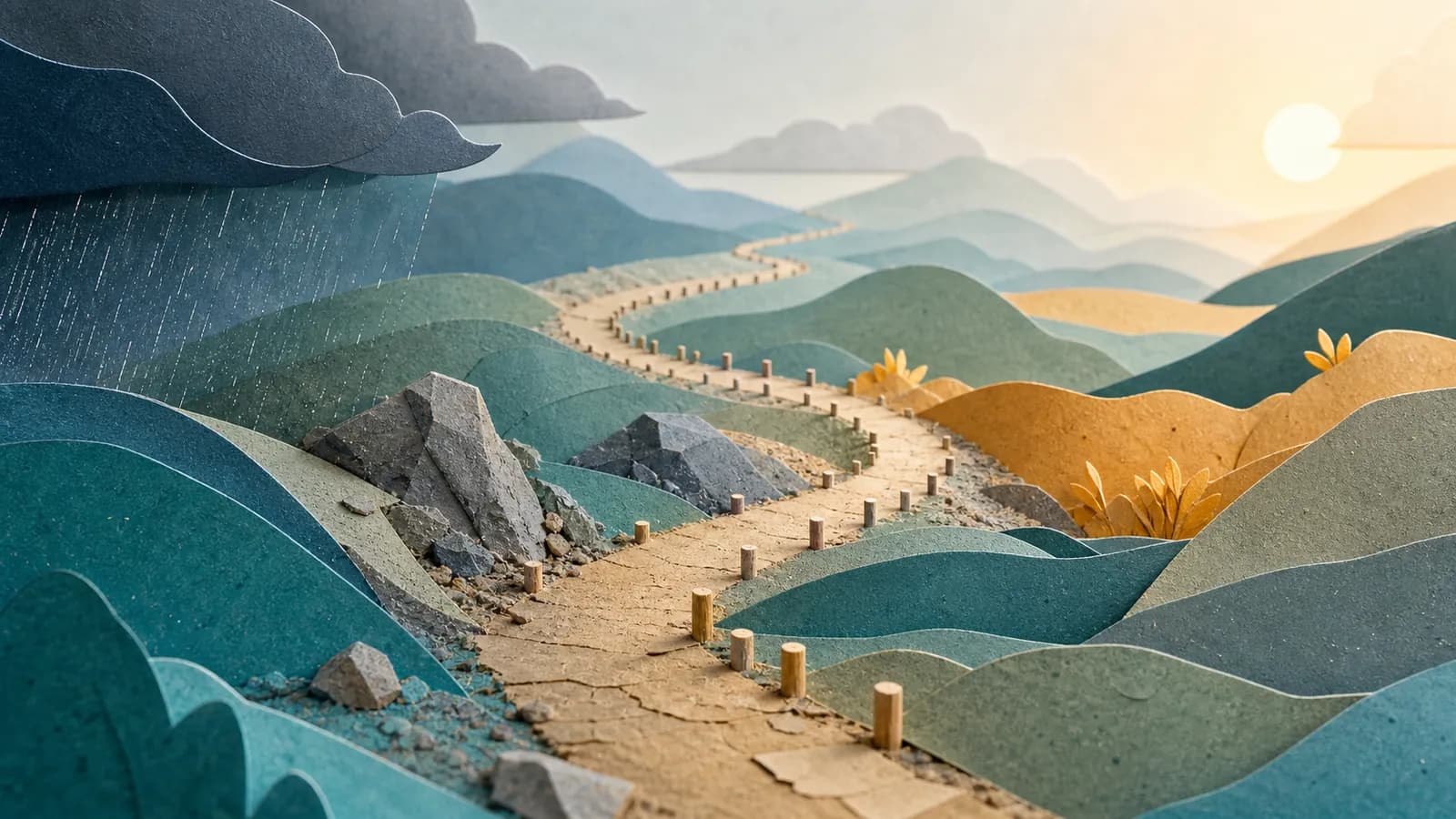 A steady abstract path winding through layered changing terrain