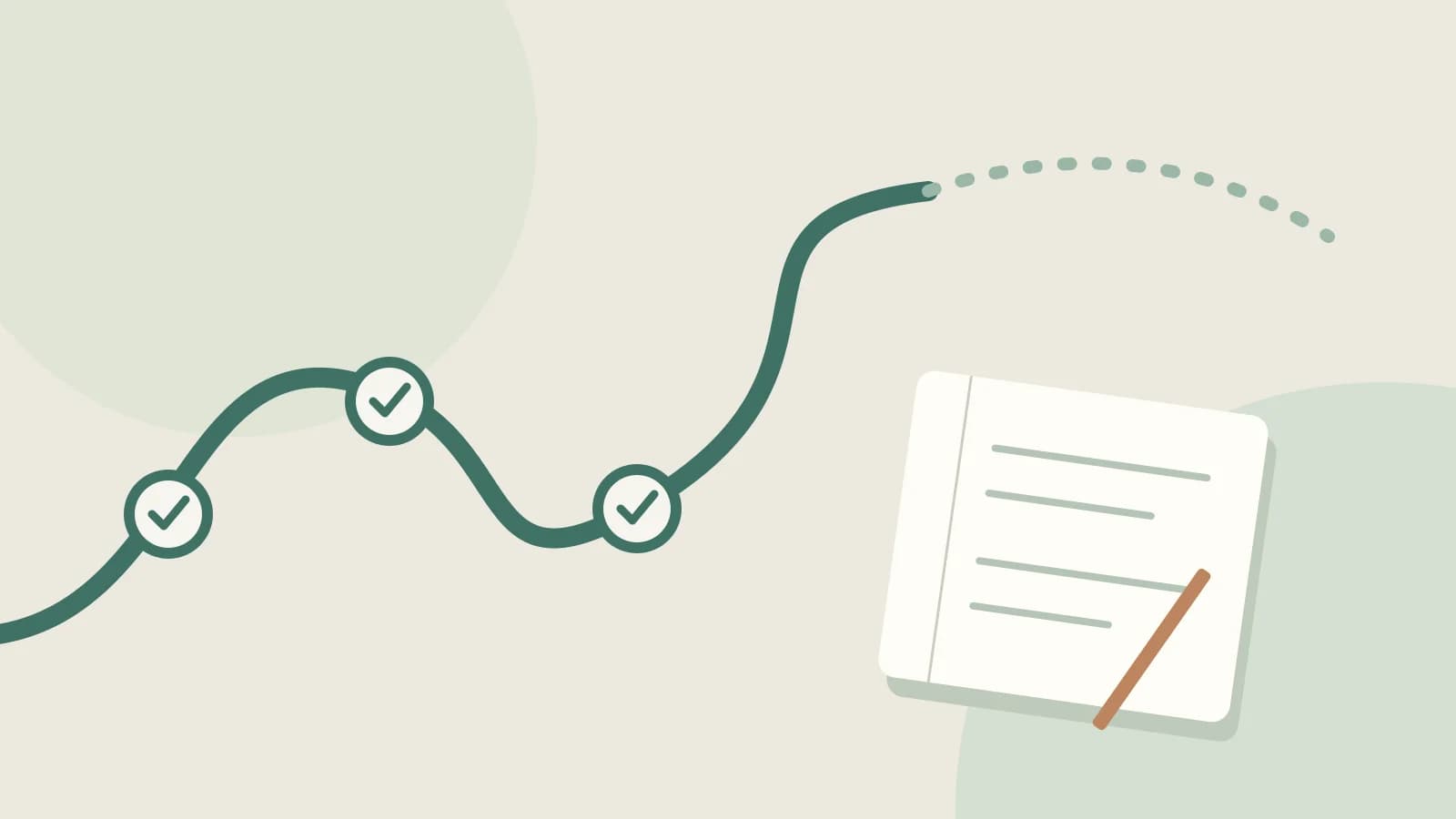 A winding green path connecting ticked checkpoints beside a lined notepad and pencil