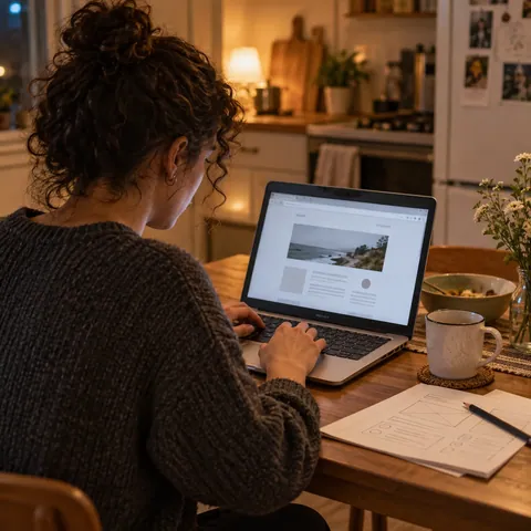 A person building a simple website on a laptop beside a rough pencil layout on a kitchen table.