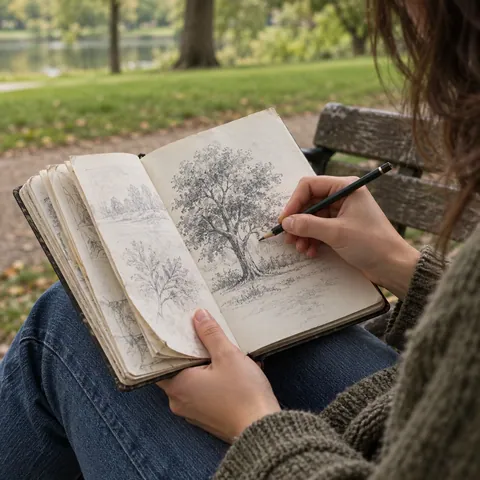 Hands sketching a tree in a worn sketchbook on a park bench.