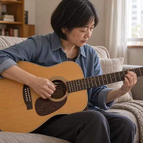 A person practising an acoustic guitar on a worn sofa in afternoon light.