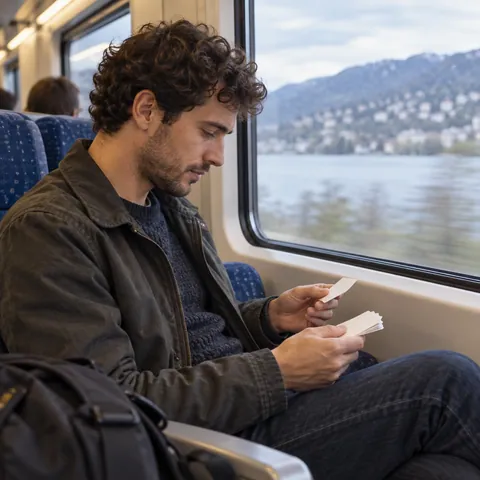 A commuter reviewing small vocabulary cards beside a train window.
