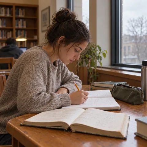 A student writing in an exercise book beside a library window, with a worn textbook and pencil case on the desk.